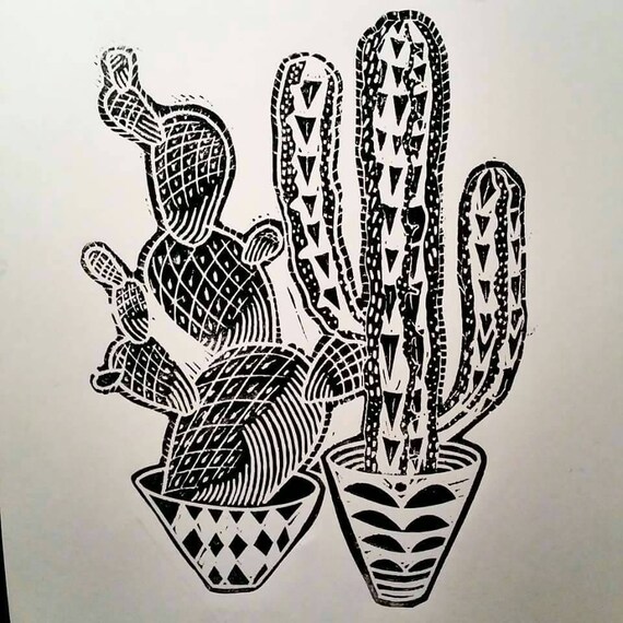 Retro/mid century scandi cactus lino print