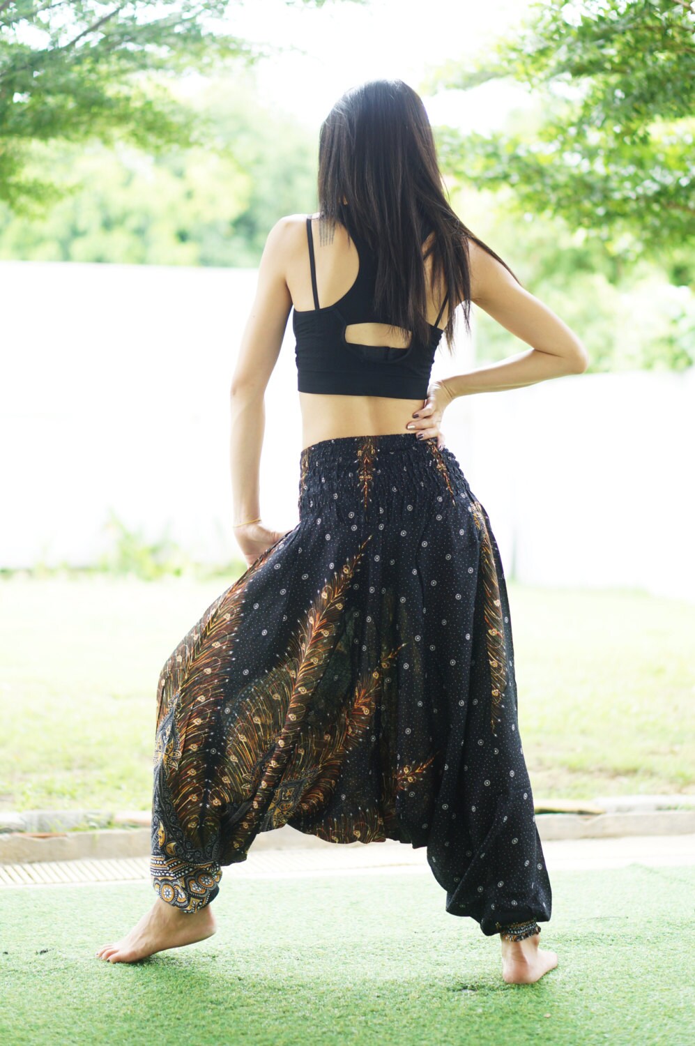 Peacock Feather Boho Classic Black Harem Pants Hippie Pants
