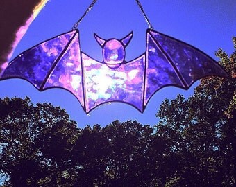 Purple stained glass bat halloween window decoration, fall decor, bat suncatcher, spooky gifts