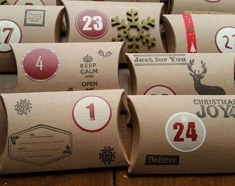 Handmade Rustic Christmas Advent Calendar x 24 Pillow Boxes /Sweets/Gifts/ Handstamped/