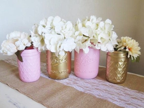 Baby Shower Mason Jar Set Baby Pink and Gold Flower Vases