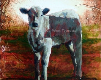 Cow painting Cow oil painting Cow original oil painting on wood panel Cow decor Toomalatau fine art Cow art White calf White cow painting