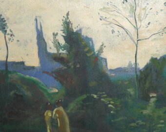 Impressionist oil painting landscape with figures
