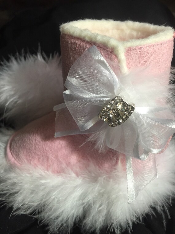 Soft Pink Baby Girl Boots with Fluffy Feathers by RoyalBearBling