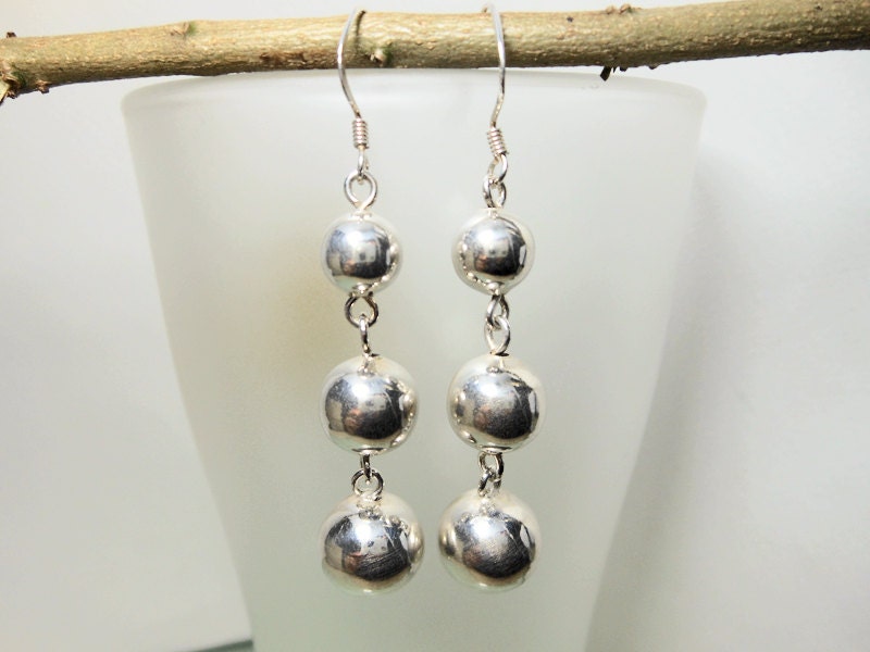 Handmade 925 Sterling Silver Triple Ball Drop Earrings With
