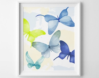 Wall Art Printable, watercolor Butterflies, blue, butterfly print, DIY wall art, statement print, 8 x 10in, lime, wall decor