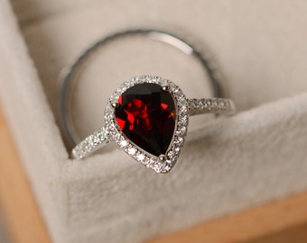 Garnet ring, pear shaped engagement ring, sterling silver, pear gemstoen