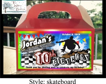SKATEBOARD BIRTHDAY Goody Box Loot Favors Personalized with your childs name etc.