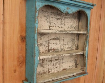 Shabby Chic Style Blue Wall Shelf, Distressed Turquoise, Book Shelf, French Country, Shadow Box, Display Case, CEDAR, HANDMADE