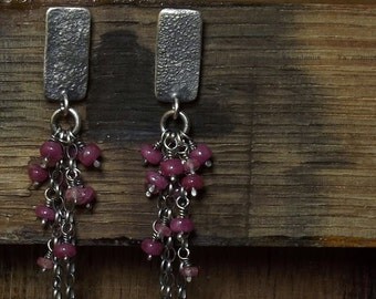 Ruby earrings Pink sapphire Sterling silver earrings Raw sterling silver Long earrings Oxidized