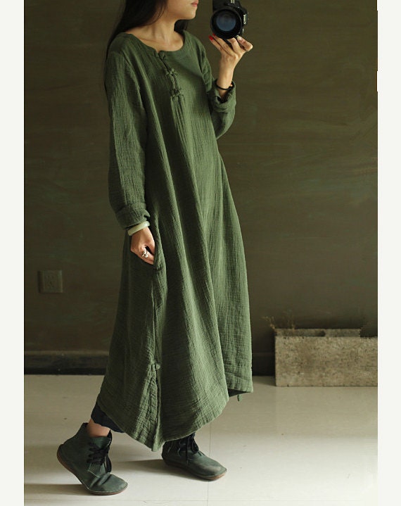 Thick linen winter and autumn long dress long sleeve by FashionGD
