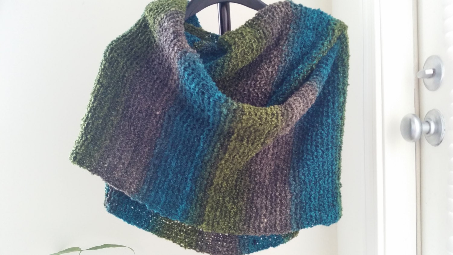 hand knitted Buttercream Rainbow boucle wrap/throw/shawlgreen