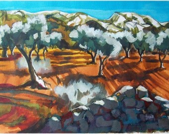 Oliviers et Alpilles - Paysage provençal original peinture à l'encre acrylique.