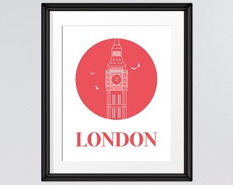 Travel Art, Big Ben Print, London Print, London Art, Red Circle, Printable Art, INSTANT DOWNLOAD