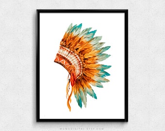 SALE - Indian Headdress, Watercolor, Tribal Print, Cultural Poster, Vintage Poster, Brown Turquoise Teal, Dorm, Feather Illustration