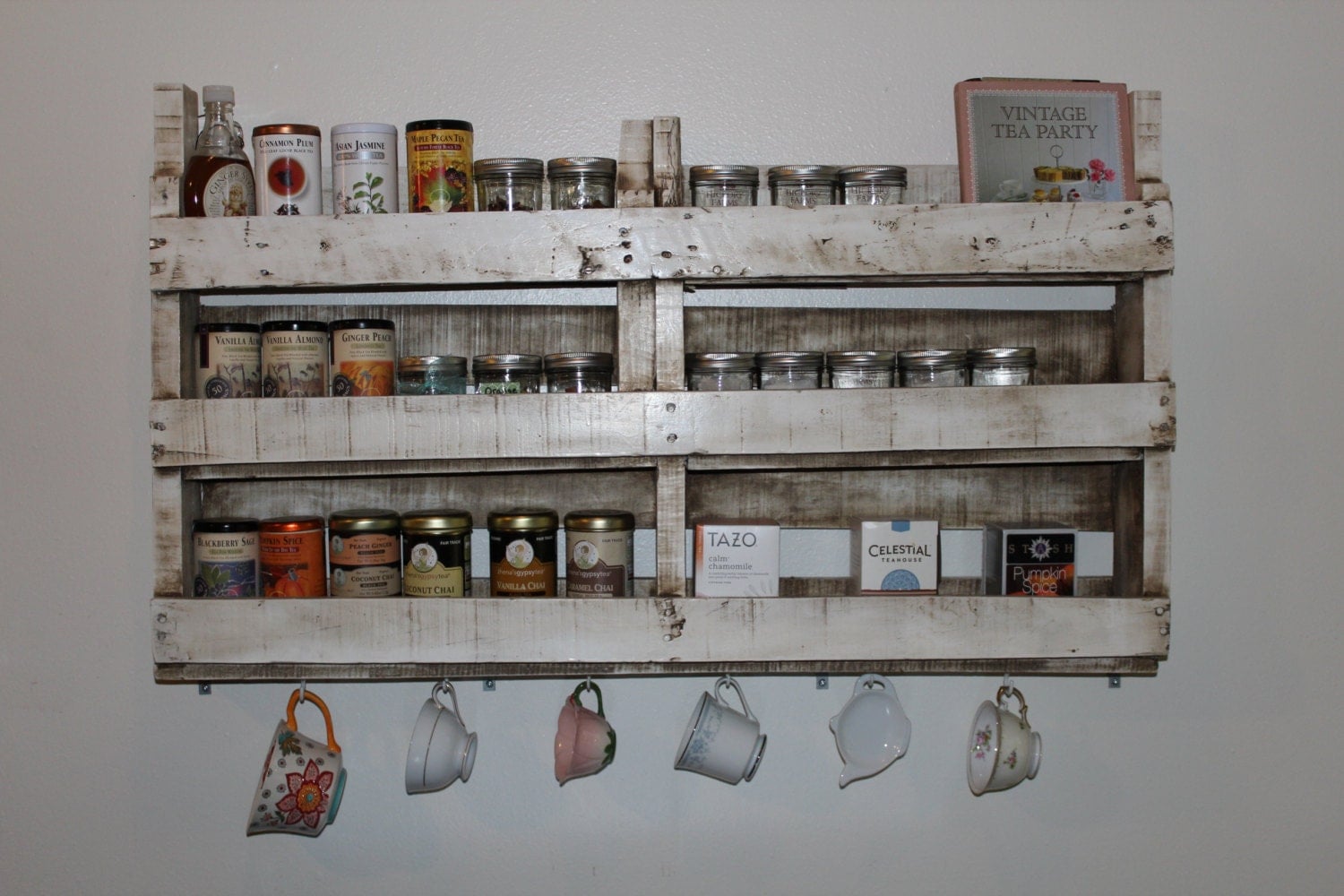 Rustic distressed pallet shelf Tea rack Spice rack Tea cup