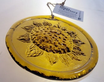 Recycled glass sunflower suncatcher, amber sunflower ornament, unique window art