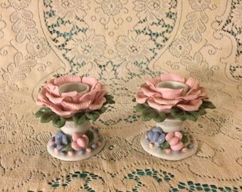 Pink flower porcelain candle holders