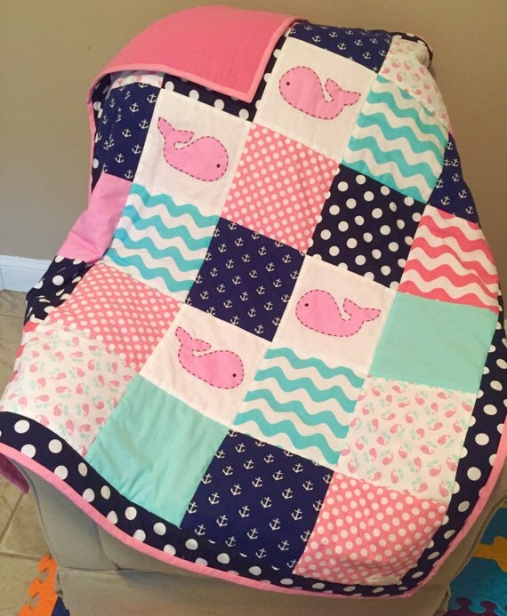 Items similar to Nautical Crib Quilt in Pink, Navy and Teal on Etsy