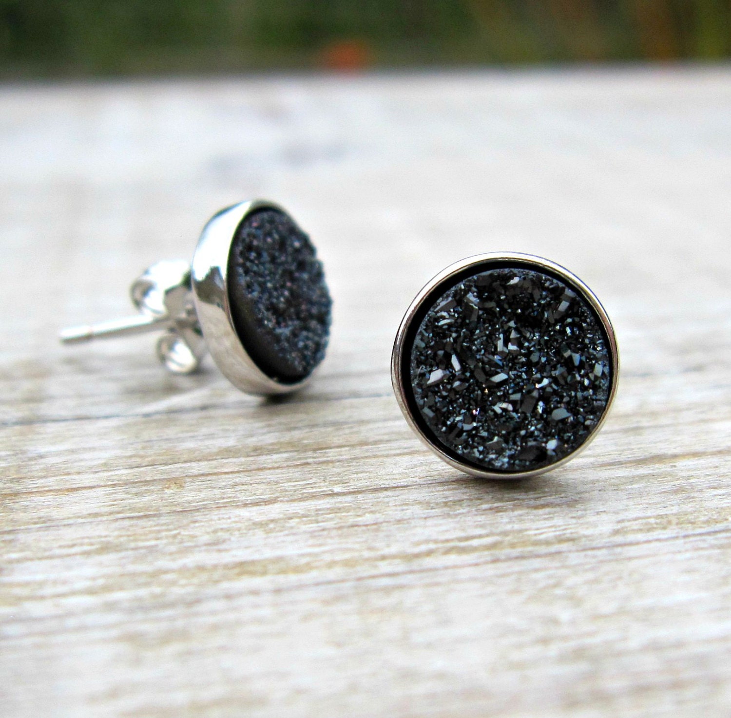 Black druzy earrings druzy studs sterling by ConstanceEarthStones