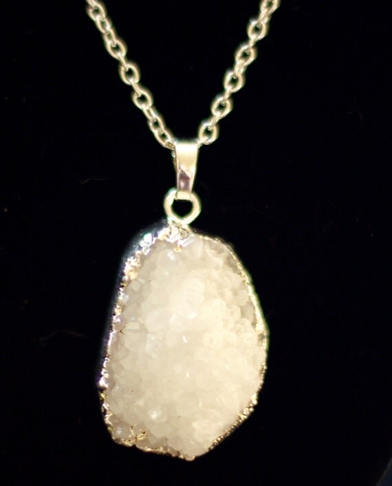 White Quartz Druzy Stone Necklace semi precious by AudacityWear