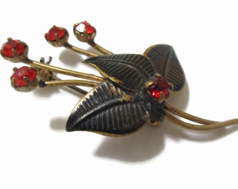 Rhinestone Brooch, Flower, Floral, Gold Tone , Ruby Red Pin, Enamel, Mid Century Jewelry, 1940s-1950s, Bridal Bouquet, Prong Set