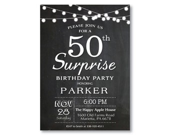 Surprise 50th Birthday Invitation. Chalkboard 30th 40th 50th 60th 70th 80th Any Age. Black and White Adult Birthday Invite Printable Digital
