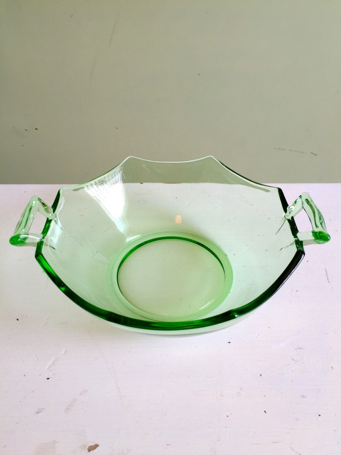 Green Depression Glass Bowl with Handles Depression by Speckadoos