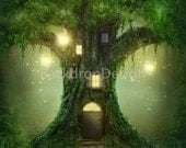 Enchanted Forest Backdrop - lantern, fairy tale, green tree house cave - Printed Fabric Photography Background G0198 Enchanted Forest Backdrop - lantern, fairy tale, green tree house cave - Printed Fabric Photography Background G0198