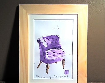 Original Watercolor - Art - Framed - Home Decor - Purple "Fauteuil Crapaud"