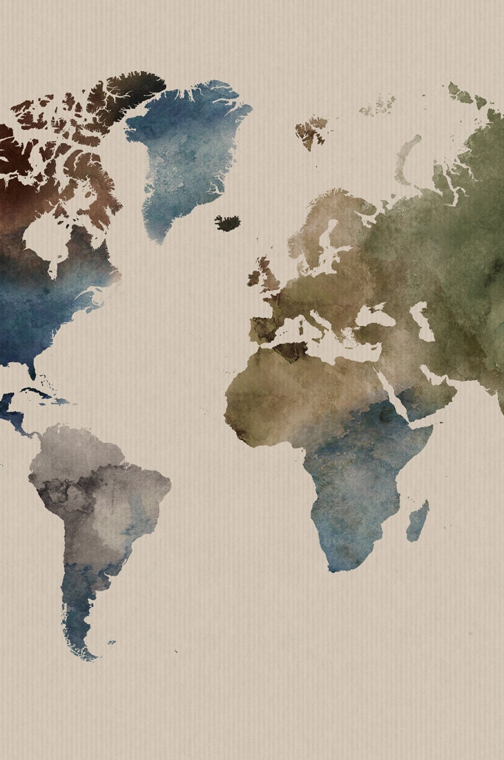 world map art print watercolor map poster large world map