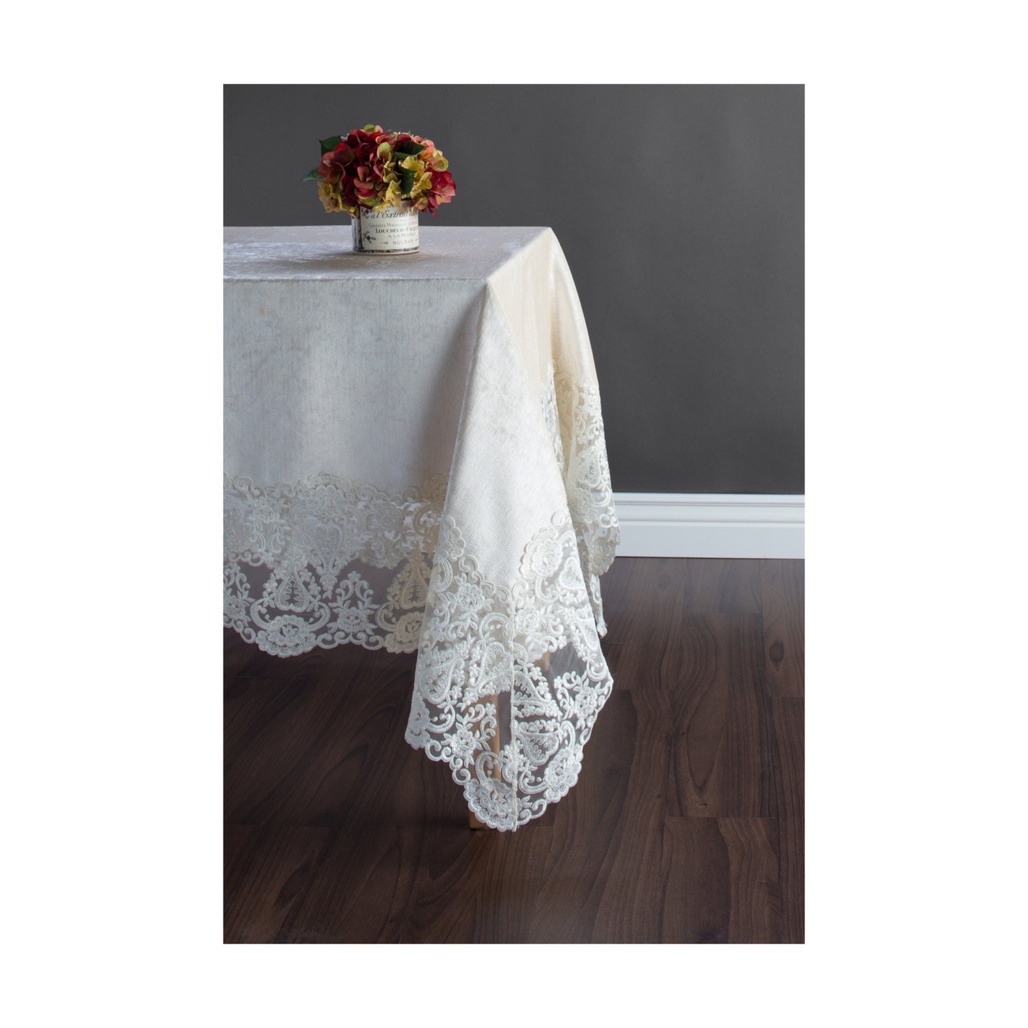 Cream Tablecloth cream colored velvet with ivory lace border