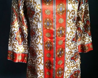 60s vibrant vintage asian style dress, orange, blue & gold, Emy Bill's label, size small, wiggle mini dress Retro / mid century / Mad Men