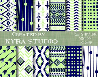 Aztec Tribal Digital Papers 12x12, Mint n Blue Scrapbooking Printable Papers , 12 Sheets - 022