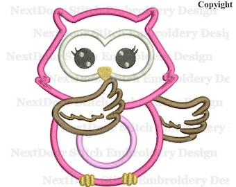 Owl applique design, girly pink hootin machine embroidery file download, owl-014