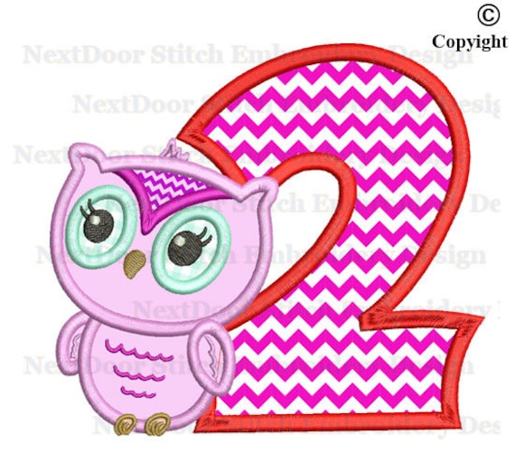 Owl embroidery design cute girly owl 2nd birthday number 1
