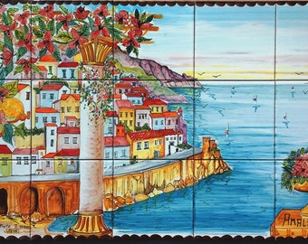 Hand Painted Tile Mural of the Amalfi Coast - Kitchen Ceramic Tiles - Backsplash Decor - Floral Accent Tiles - One of a Kind - Wall Mural