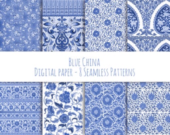 Blue China - Instant download digital paper, vintage, seamless pattern, scrapbooking supply, background, printable, commercial use
