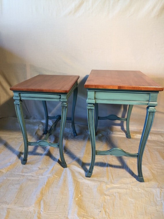Stacking end tables in sage green with dark wash refinished