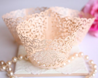 Rose Gold Lace Filigree Cupcake Wrappers for MINI or Standard Cupcakes, Shimmer Blush Laser Cut Elegant Lace Cupcake Liners - Set of 12