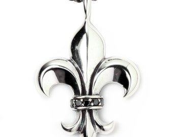 Black Sapphire Fleur de Lis 925 Sterling Silver Pendant Gothic Biker Jewelry