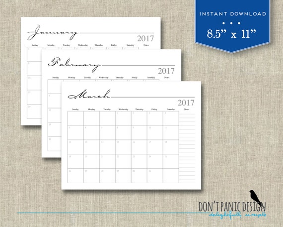 2017 Printable 12 Month Notes Calendar Black by dontpanicOrganize