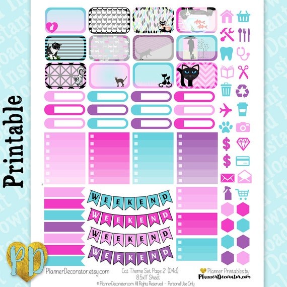 Cat Theme Printable Planner Stickers Cats by PlannerDecorator