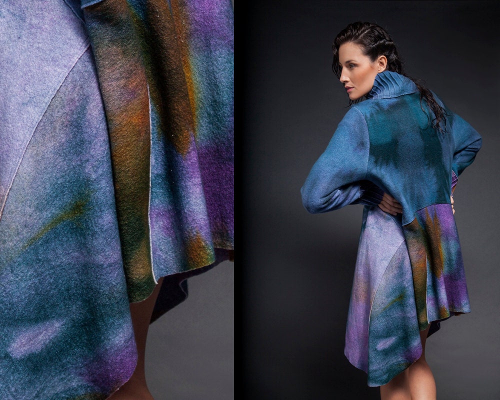 Blue Wool coat felted wool coat handdye outerwear colorful