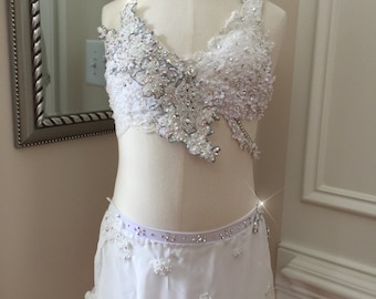 2 Piece Custom Lyrical Dance Costume---Bride inspired WHITE with Appliques and Rhinestones