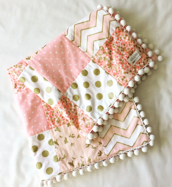Items similar to Baby Blanket, Baby Quilt, Pink, White ...
