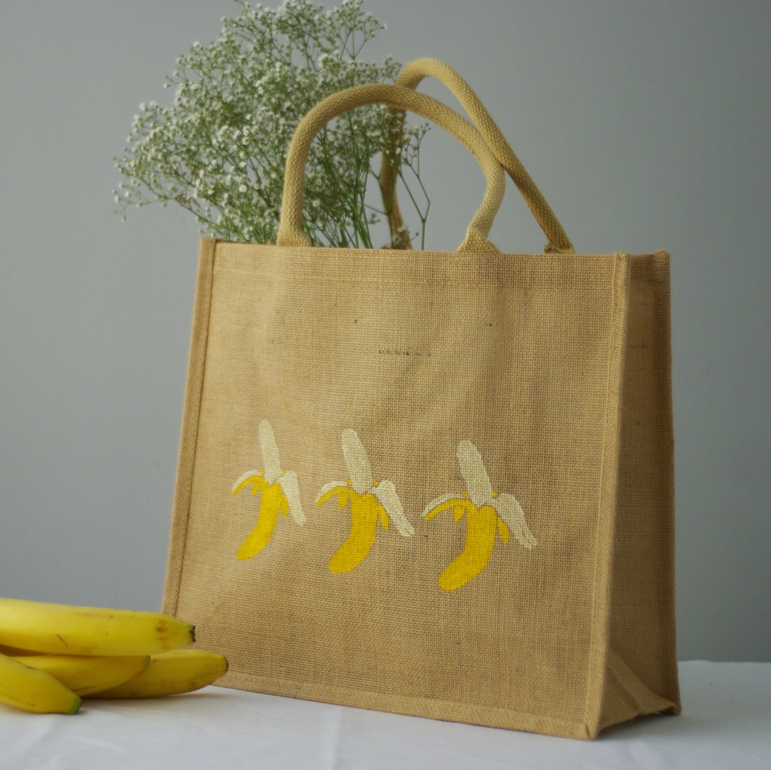 Banana Jute reusable shopping bag Large. Hand painted