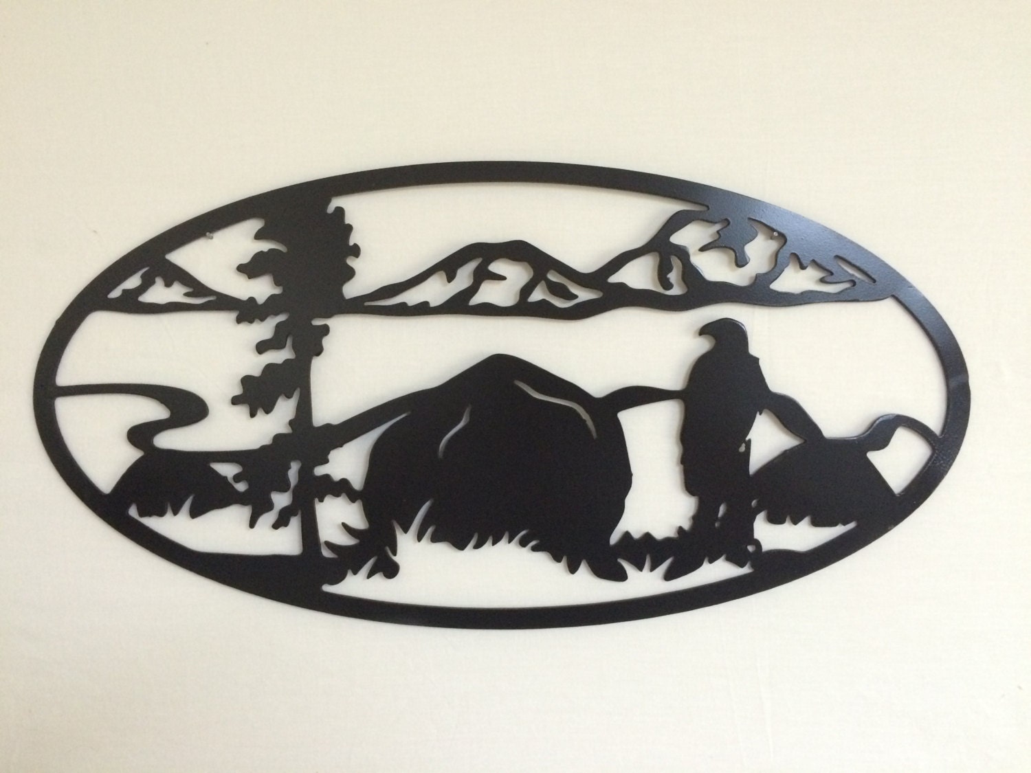 Metal Wall Art Plasma Cut Oval Hawk 1 Black Silhouette Art