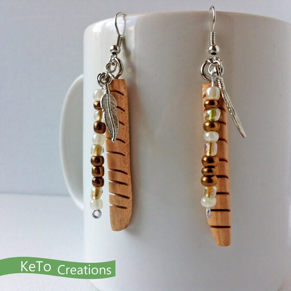 Earthy Wood Carved Earrings, SassafrasTribal Stick with Feathers, Perfect Accent For Hiking, Wear a Piece of Nature