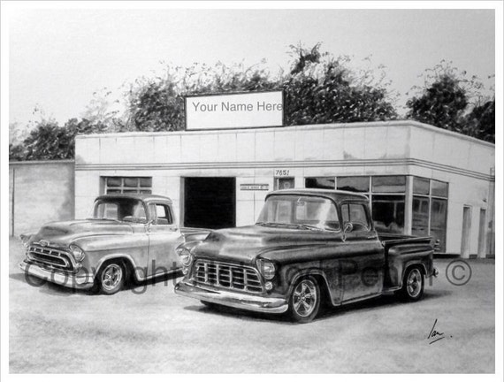 55-56-57 Chevy Pickup Truck Customized Pencil Drawing Print